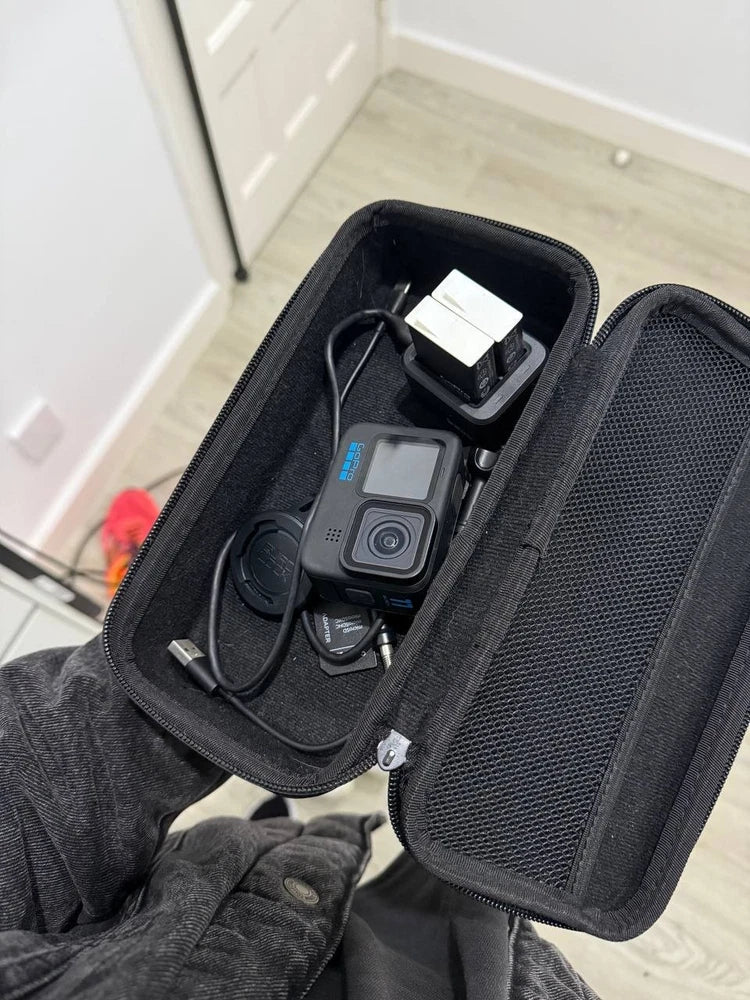Action camera in zippered hard case with mount and battery