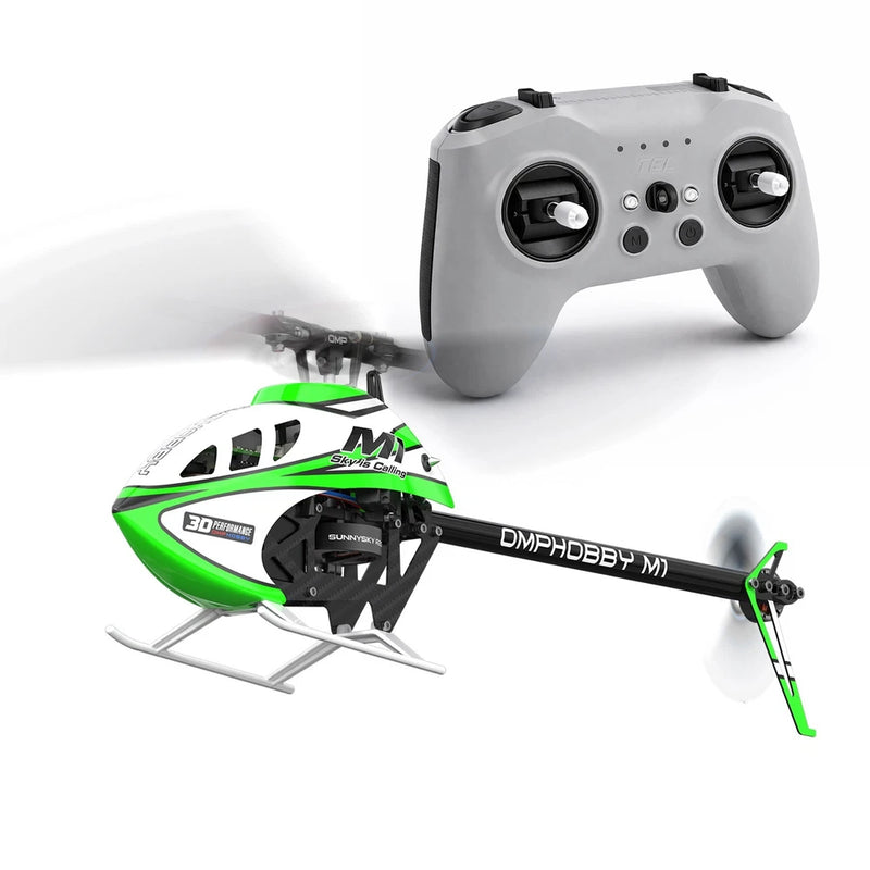3D RC helicopter with green blades and grey handheld controller