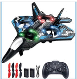 RC jet fighter drone with LED lights, blue/black body, handheld remote controller