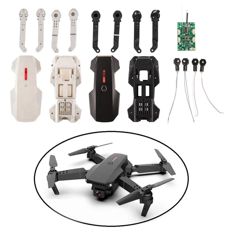 E88 Pro folding drone arm and motor assembly with base, circuit board and wiring
