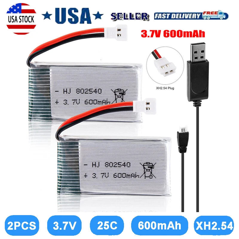 2X 3.7V 600mAh Lipo battery 25C XH2.54 Plug +USB Charger For RC Quadcopter Drone