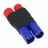 RC battery adapter with dual blue 6mm female ports and black sleeve, gold contact pins