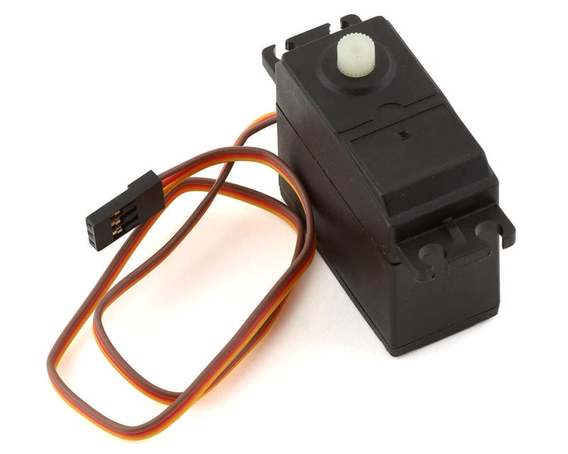 RC steering servo with black housing and three-wire lead, white output gear nub