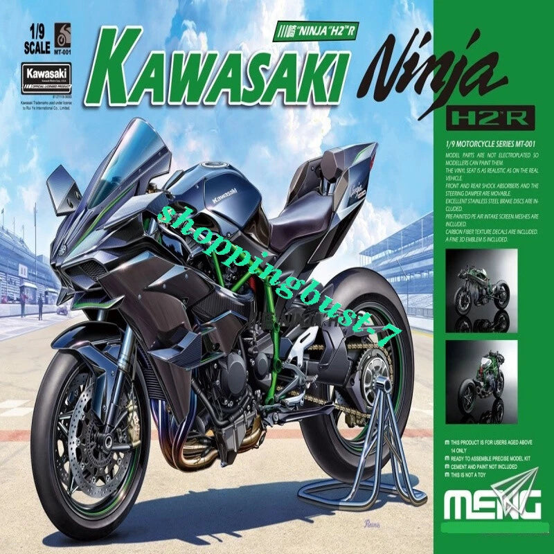 Meng Model 1/9 Kawasaki Ninja H2R pre-colored sport motorcycle model, dark with blue accents
