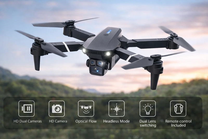 Foldable quadcopter drone with dual camera lenses and front LED lights