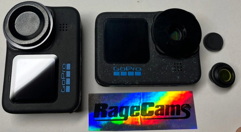 Black GoPro action camera with dual lenses and front accessory lens cover