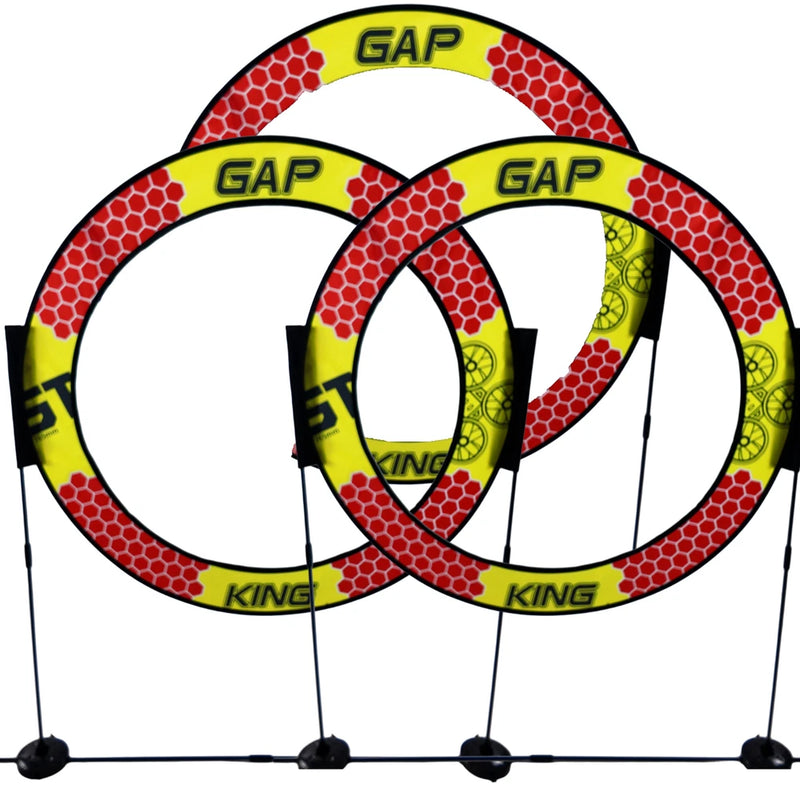 Drone obstacle course hoop set with three red-and-green hoops, GAP and KING logos