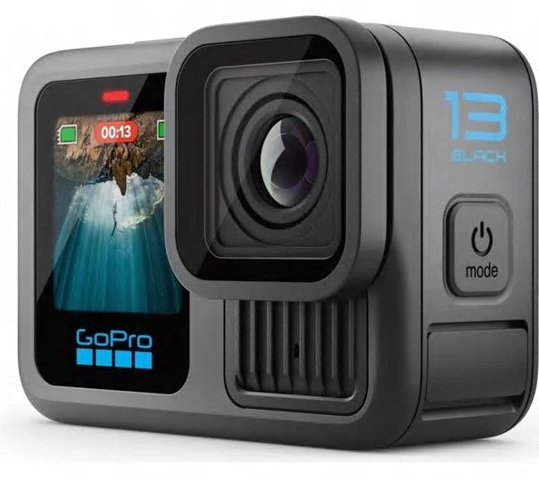 Black mini action camera with front lens and side power and mode buttons
