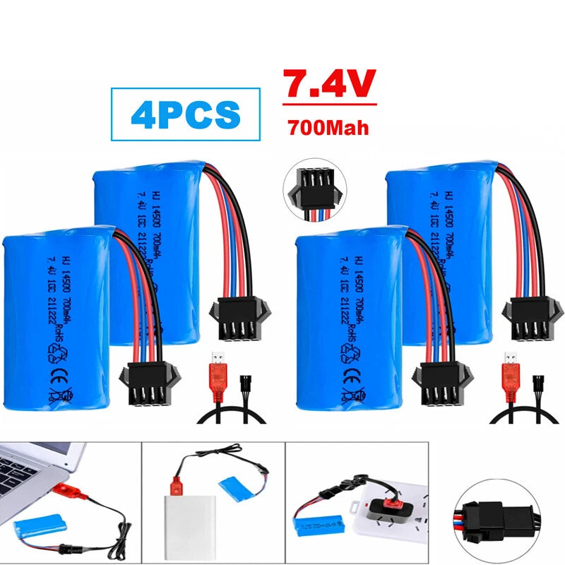 4Packs 7.4V 700Mah Li-ion Battery SM-4P plug USB Charger for RC Boat UDI902 2.4G
