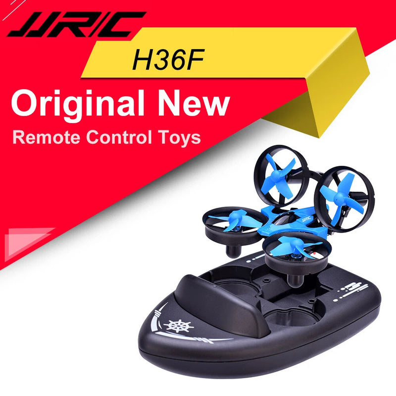 RC drone boat toy with four blue propellers and black body