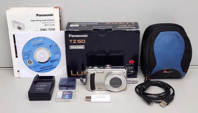 Panasonic Lumix DMC-TZ50 9.1MP Digital Camera Wi-Fi Silver, Battery Charger 8GB
