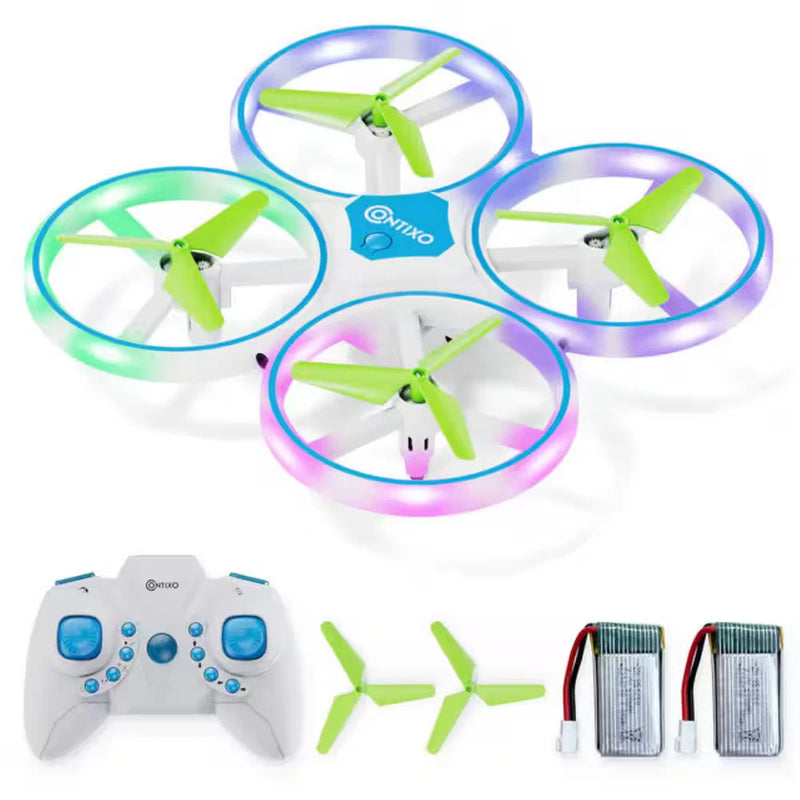 Blue mini light-up quadcopter drone with remote controller and spare batteries