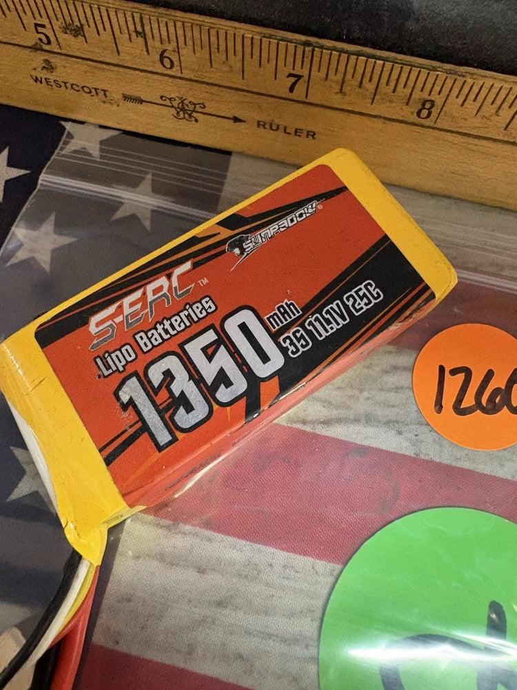SERC LiPo battery pack, yellow label showing 1350mAh, 2S 7.4V 25C