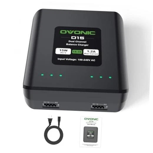 OVONIC D15 dual-channel AC LiPo balance charger, 15W 1.2A, with charging leads