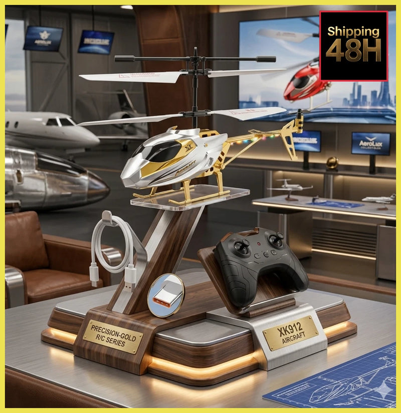 White and gold RC helicopter with remote controller on display stand