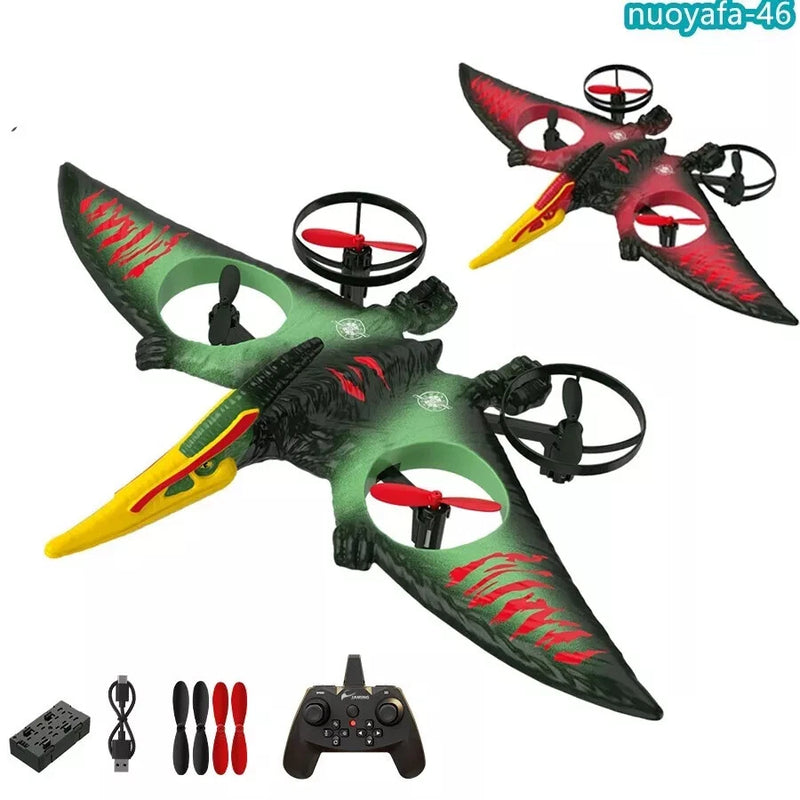 Mini RC pterosaur drone toy with green and red wings, four propellers and controller
