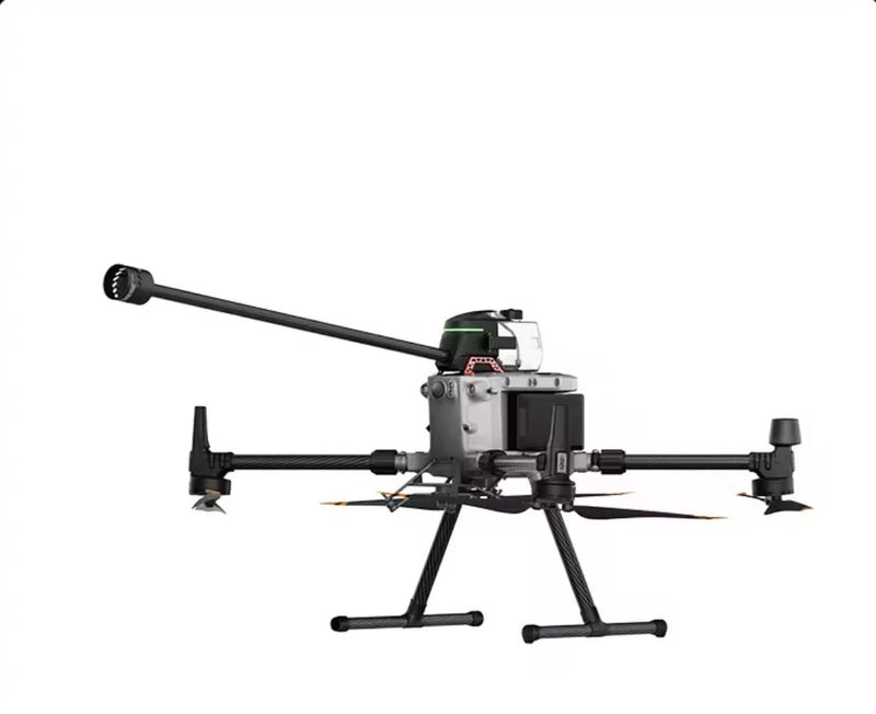UAV flamethrower drone with front barrel, quadcopter frame and landing legs