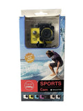 Sports action camera in retail packaging, waterproof case and HD 1080P lens design