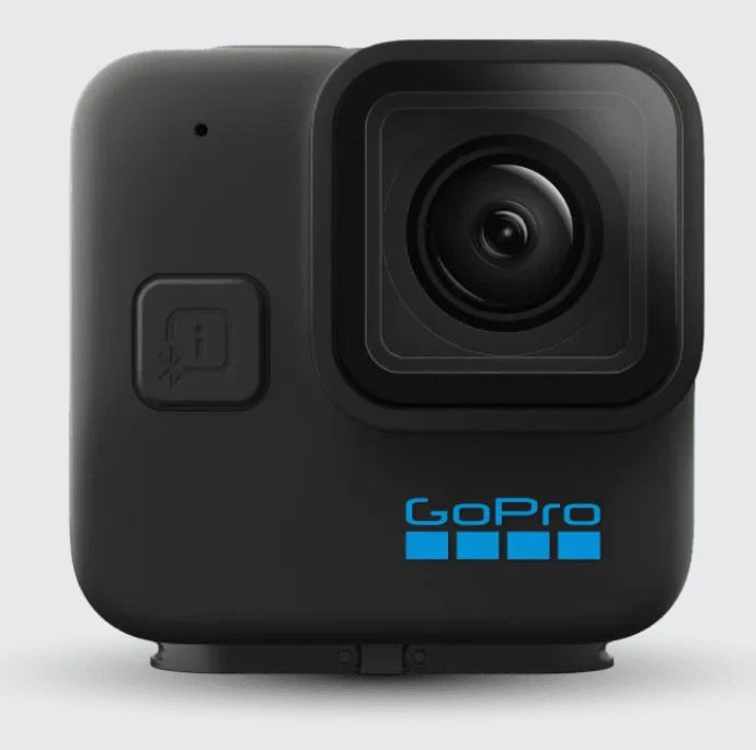 GoPro HERO11 Black mini action camera, front view with lens and blue logo