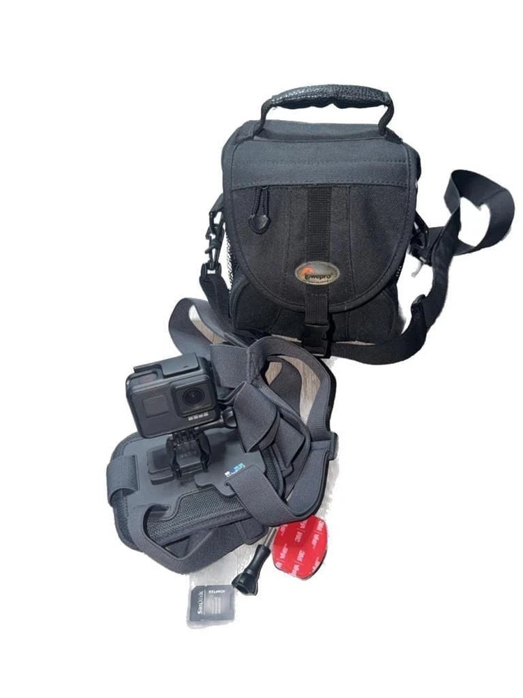 Black action camera bundle with carrying bag, head strap, and camera accessories