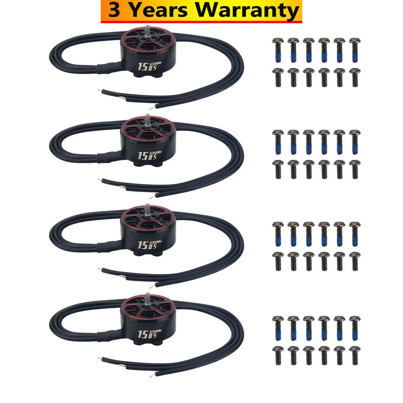 FPV brushless motor set with 4 motors, wiring harnesses, and mounting screws