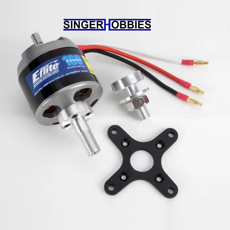 E-flite brushless outrunner motor with mounting plate, screws, and red wire leads