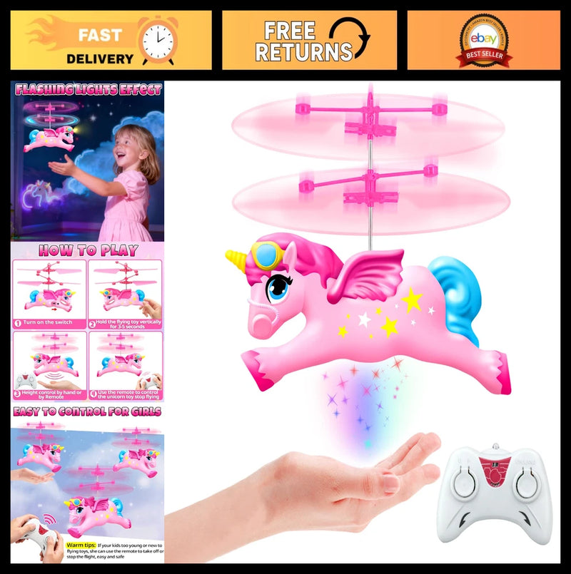 Remote Control Helicopter & Flying Unicorn Toy - Mini Drone for Kids 6-12, Birth