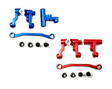RC car steering assembly kit with blue and red link parts, washers, bearings, and bushings