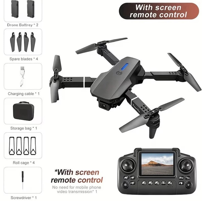 Foldable quadcopter drone with screen remote control, visible quad rotors and controller