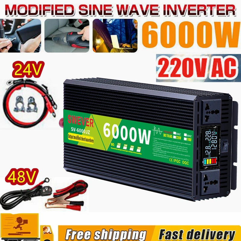 6000W Power Inverter DC 24V/48V to AC 220V Modified Sine Wave Converter With LCD