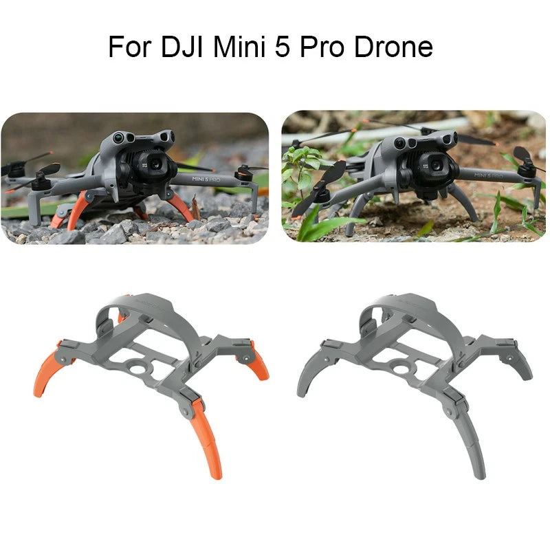 Folding landing gear for DJI Mini 5 Pro drone, gray with orange foot pads