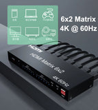 HDMI 6x2 matrix switch with 4K 60Hz ports, black box with HDMI Matrix 6x2 text