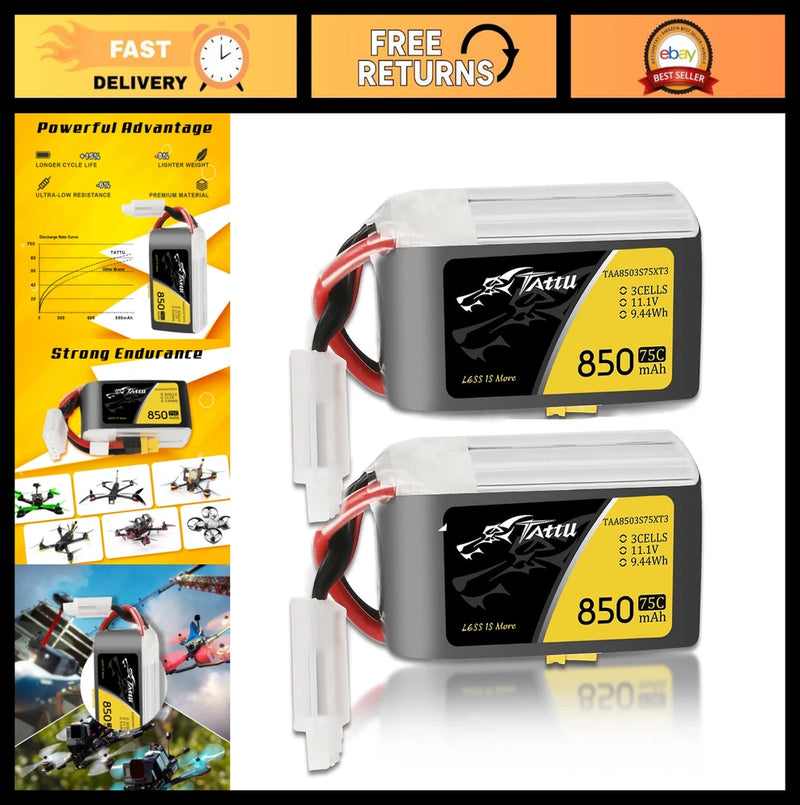 High-Performance 850mAh 11.1V 75C 3S Lipo Battery Pack with XT30 Plug - 2 Pcs Battery