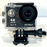 AKASO EK7000 action camera in clear waterproof case with wide-angle lens and 4K Wi-Fi panel
