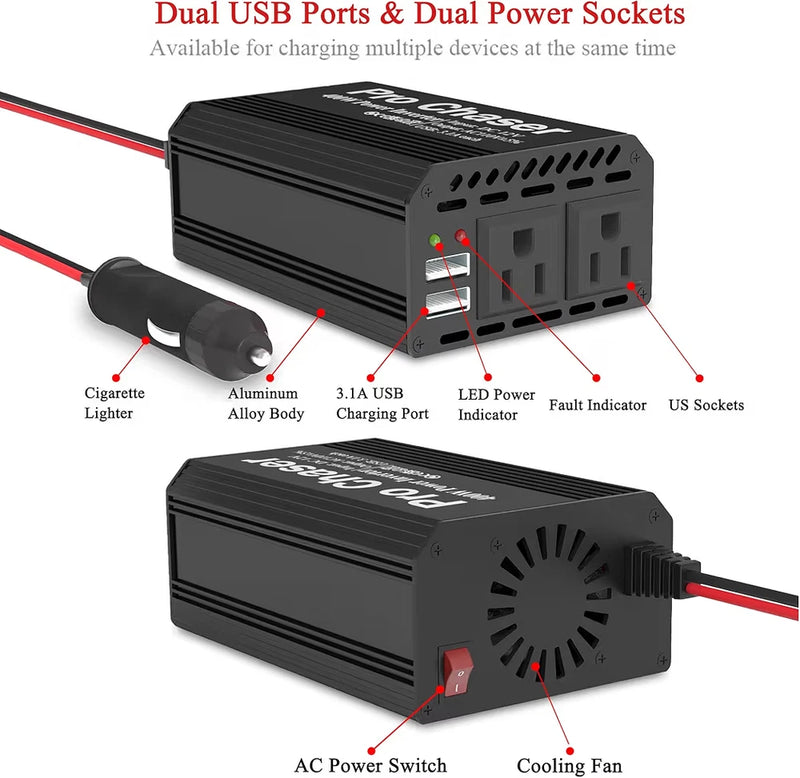Pro Chaser 400W Car Power Inverter is a 12V DC to 110V AC converter