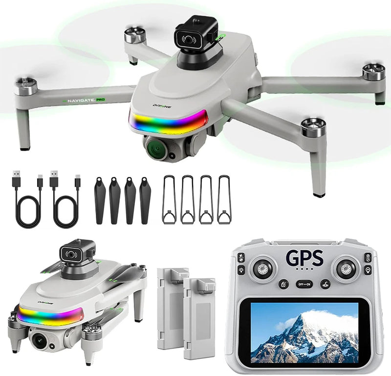 GPS drone with gray body, 4K camera, and touchscreen remote with mountain display