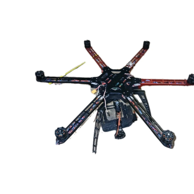 Hexacopter drone with six propeller arms and black frame