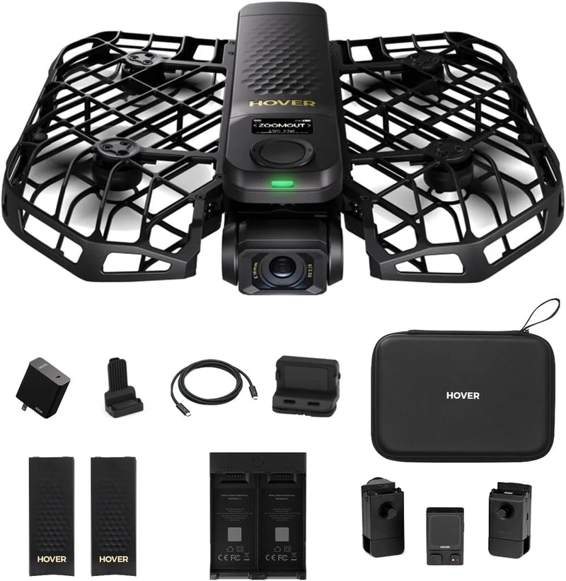 Folding action camera drone with mounted camera, cables, and hard case