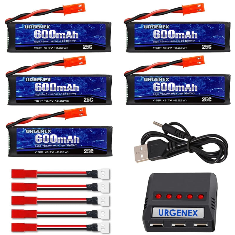 600mAh 3.7V LiPo Battery with JST Plug & X5 Charger for RC Drones - 5PCS Battery