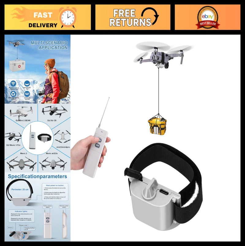 Drone airdrop release system with adjustable strap, clamp, and hanging payload hook