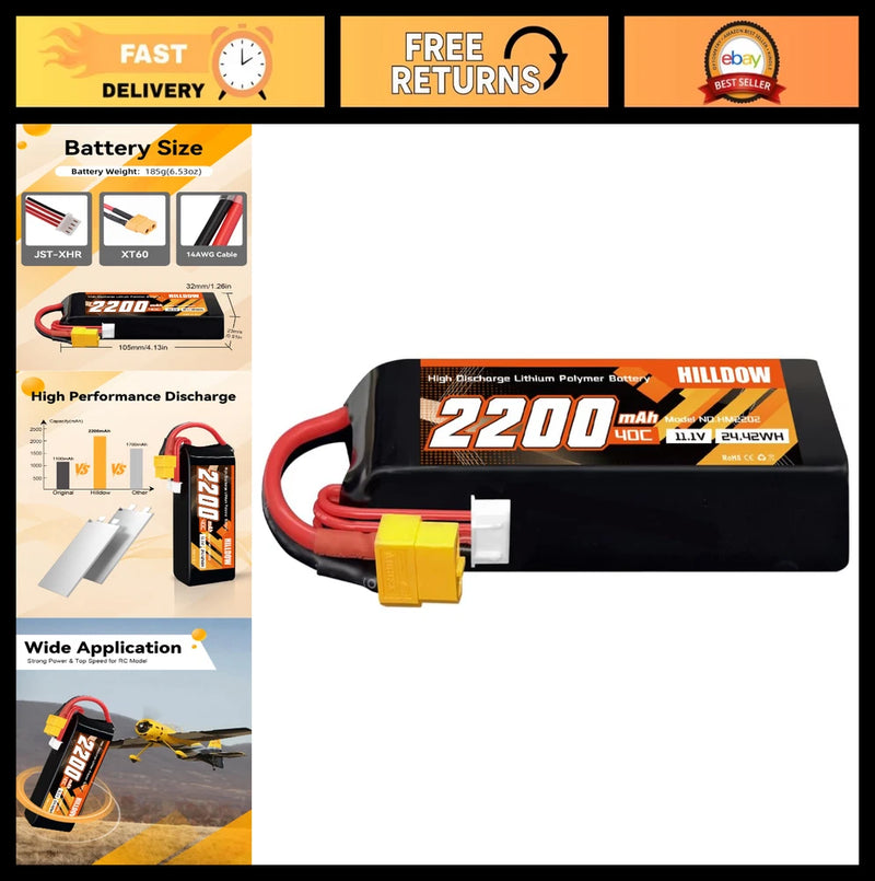 2200mAh 3S 11.1V Lipo Battery 40C XT60 Plug for RC Cars, Trucks, Drones, Boats, Battery