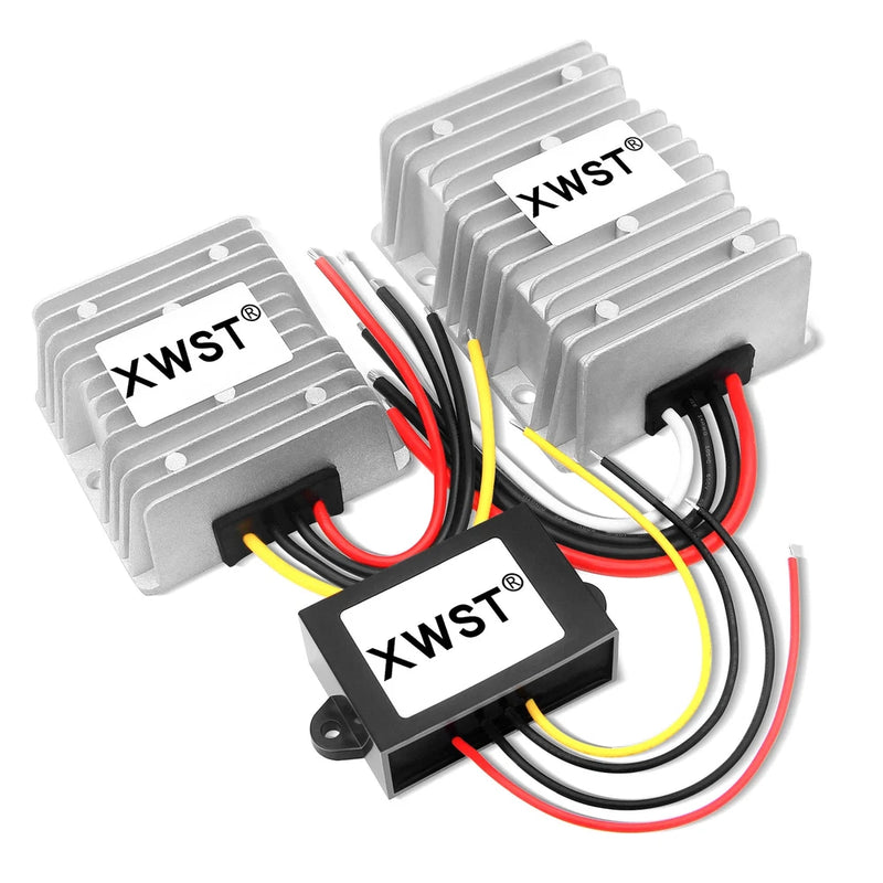 DC-DC buck converter module with aluminum heatsink and red/black wiring harness