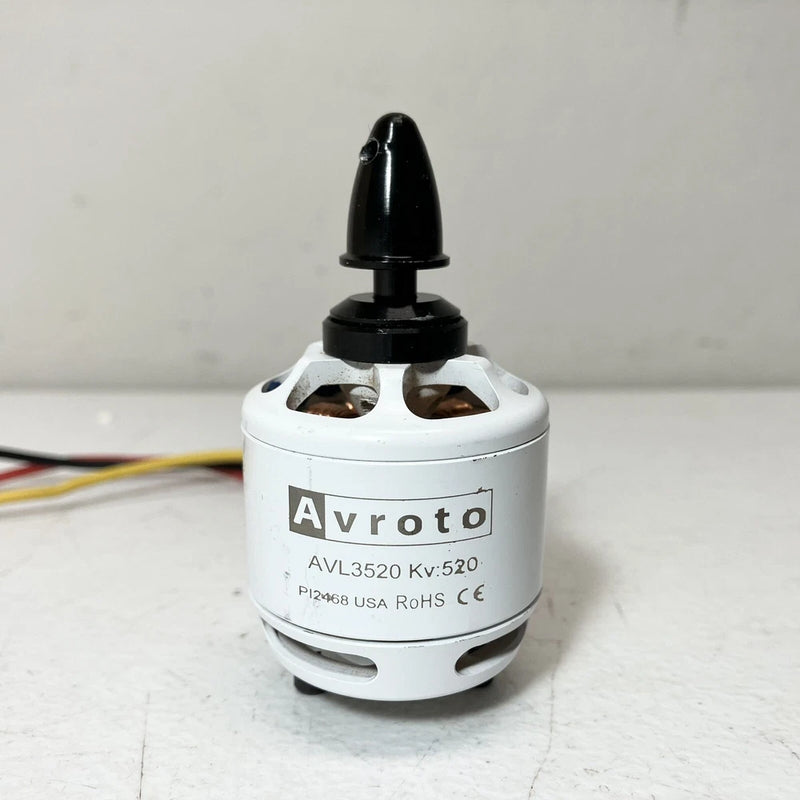 Avroto RC drone motor, white housing with black top and Avroto label