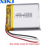 3.7V 1100mAh Li-ion battery pack with 3-wire NTC thermistor and red/black/white leads