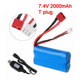 2s Li-ion Battery 7.4V 2000mAh 20C T Plug Connector with USB Charger for RC Car