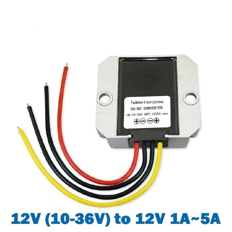 DC-DC buck-boost converter module with wiring leads, labeled 10–36V to 12V, 1–5A