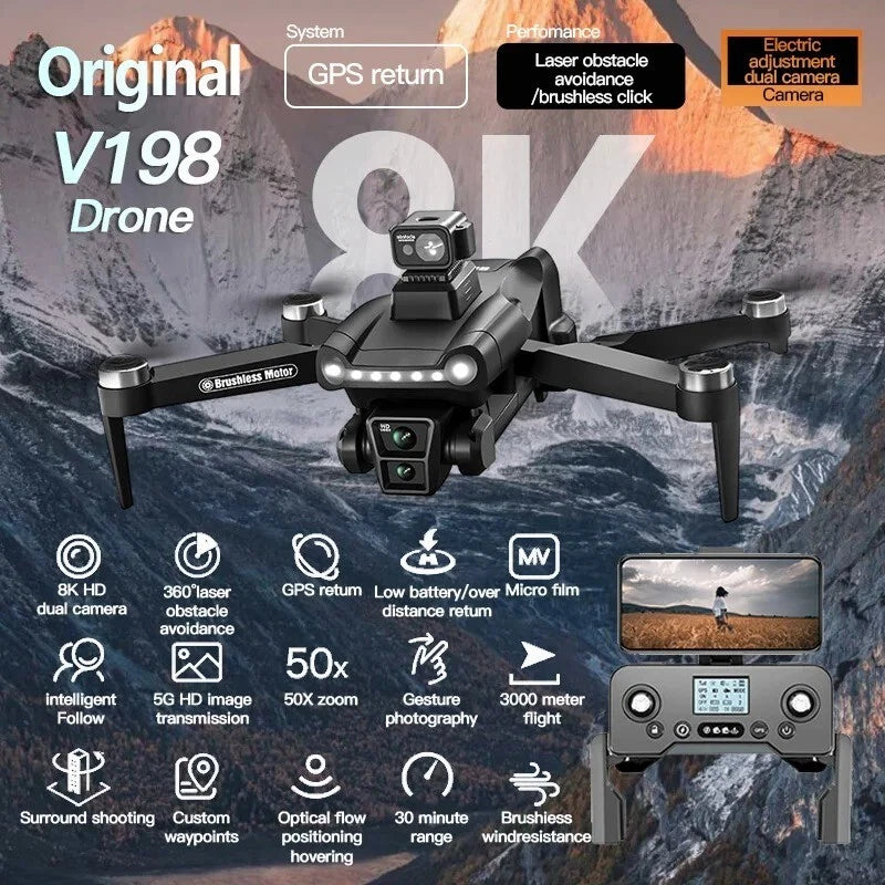 GPS dual-camera RC drone with 4K/8K HD video and controller screen