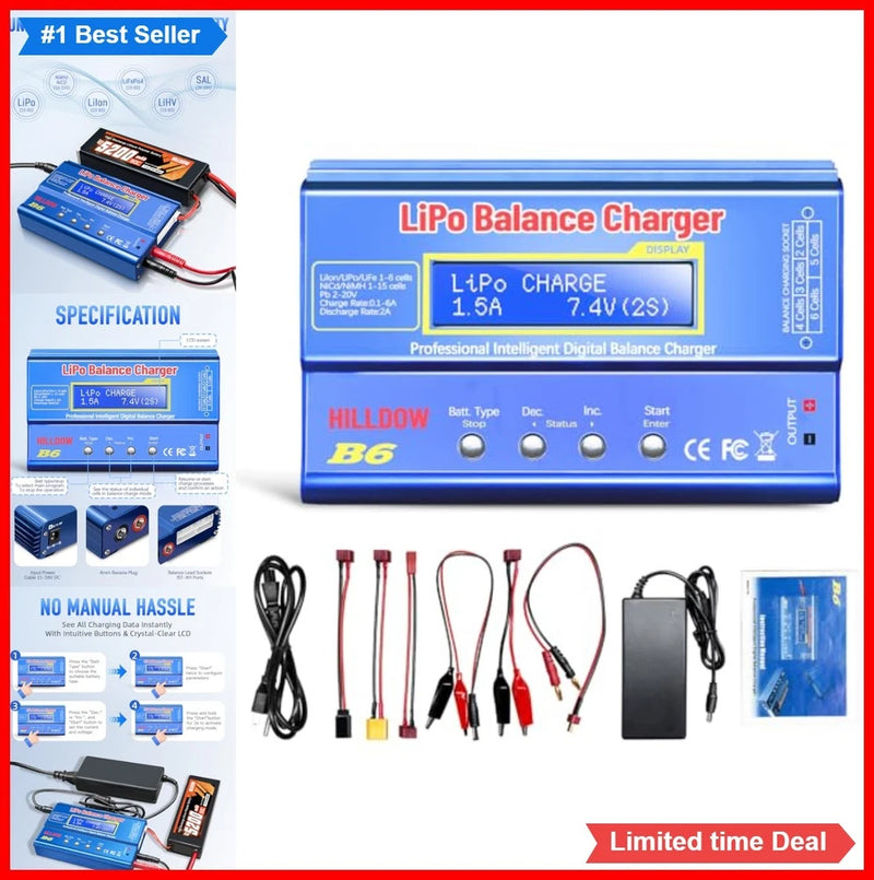 RC LiPo balance battery charger with blue casing and LCD display, front view