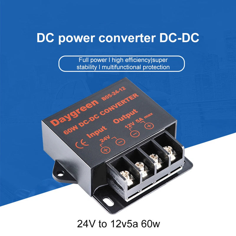 Daygreen metal DC-DC step-down converter module, 24V to 12V 5A, three-wire terminals