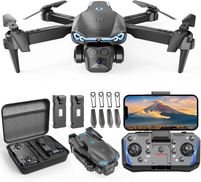 Foldable FPV quadcopter drone with controller, screen, and accessory case